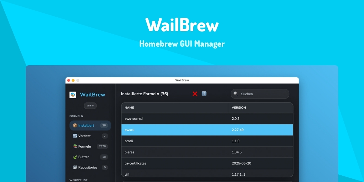 Left Gui WailBrew - Homebrew GUI Manager - Made with React.js