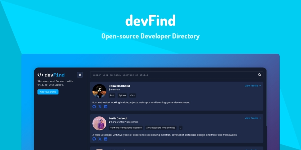 devFind - Open-source Developer Directory - Made with React.js