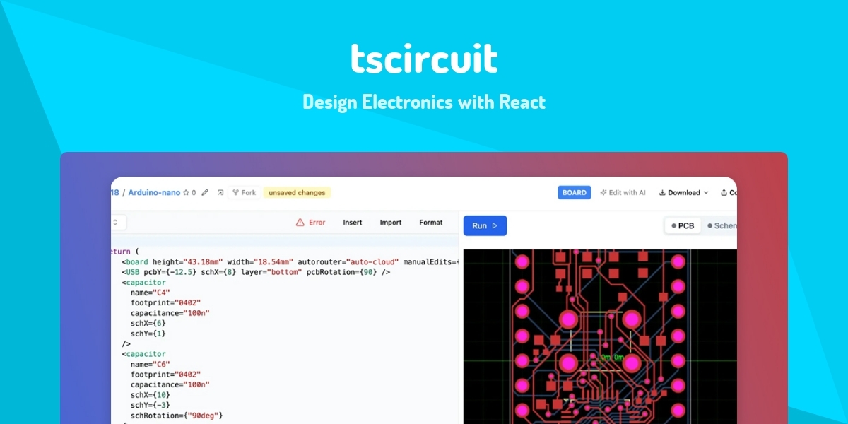 tscircuit - Design Electronics with React - Made with React.js