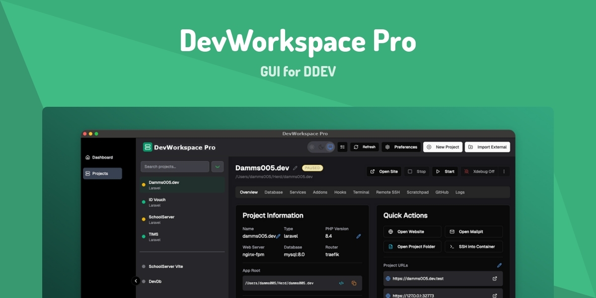 Left Gui DevWorkspace Pro - GUI for DDEV - Made with Vue.js