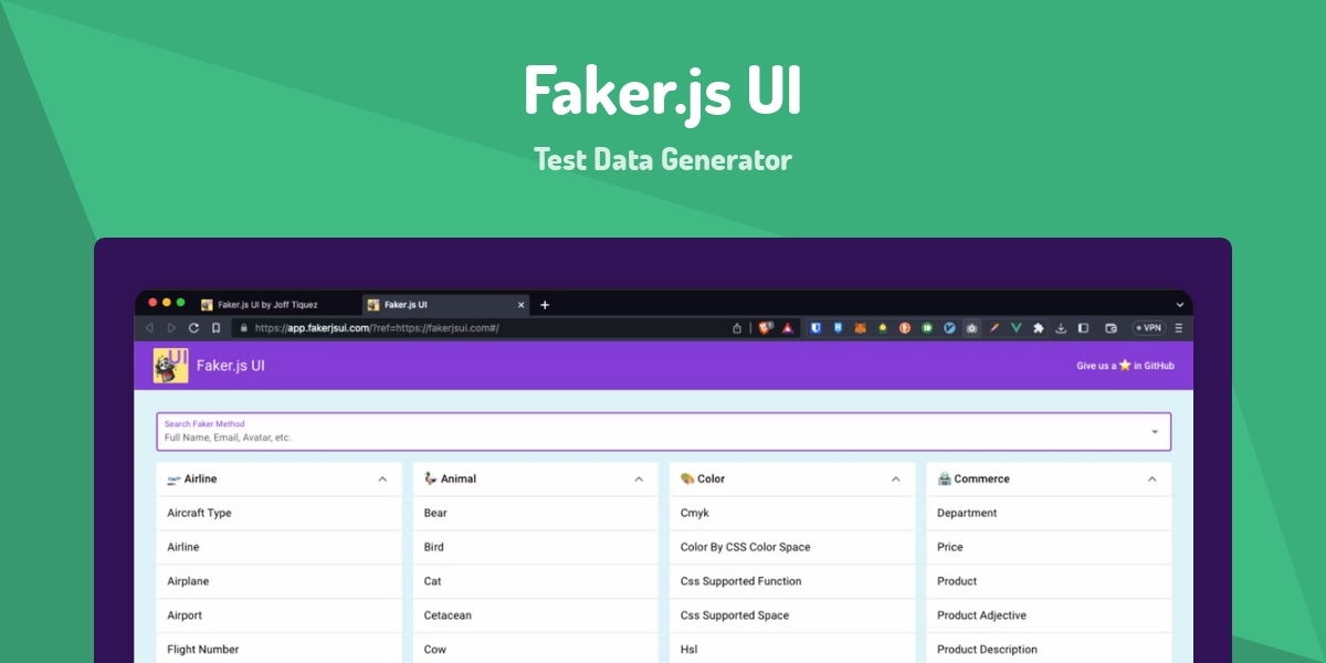 Faker.js UI - Test Data Generator - Made with Vue.js