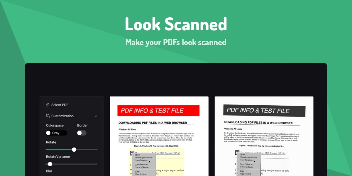 Scan Look Look Scanned - Make your PDFs look scanned - Made with Vue.js