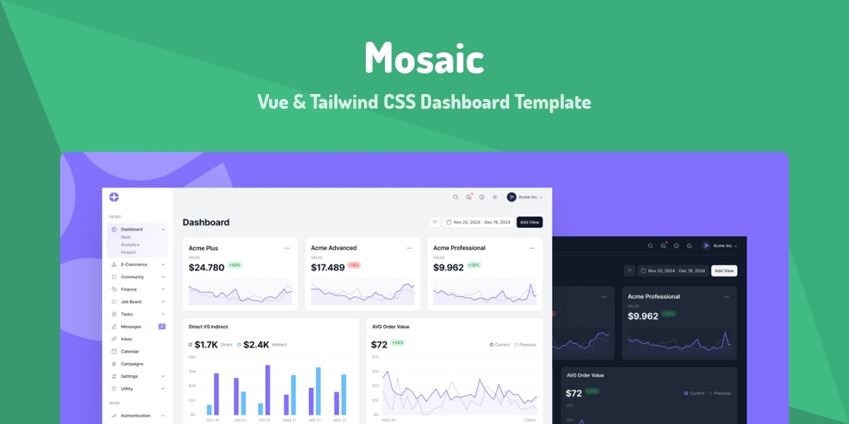 Mosaic - Vue & Tailwind CSS Dashboard Template - Made with Vue.js